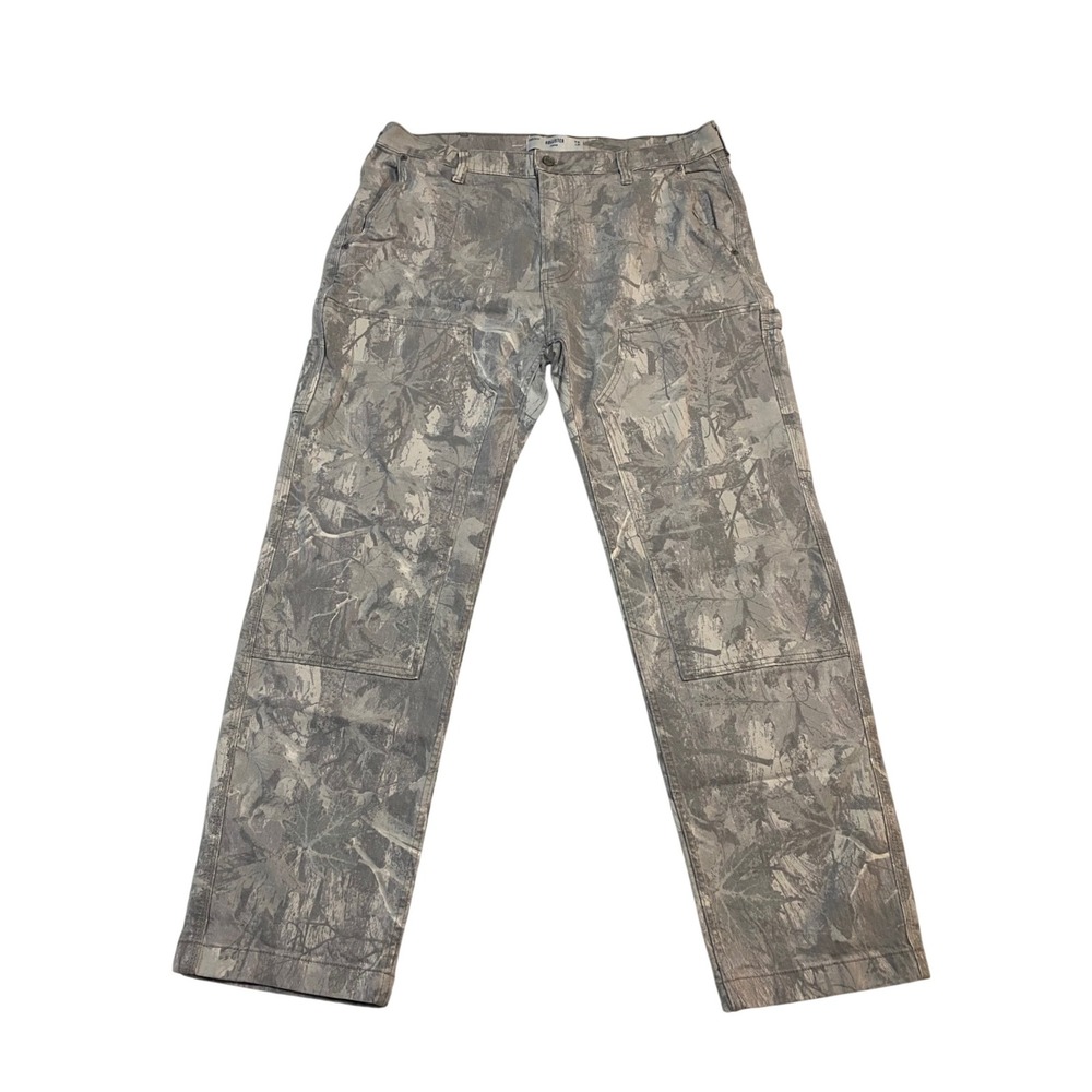 Hollister Mens Loose Carpenter Pants 36x32 Grey Leaf Camo Double Knee Utility